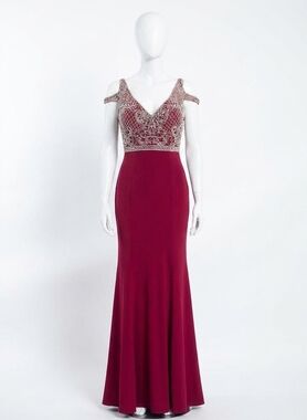 NEW RACHEL ALLAN beaded jersey prom dress in marsala